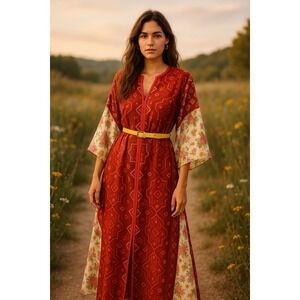 D'Ascoli Red Floral Silk‎ Kimono Maxi Dress — One Size Bohemian Luxe
